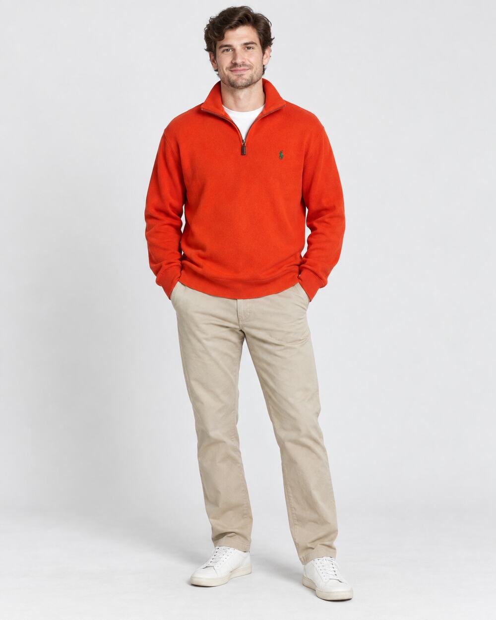 Polo Ralph Lauren Men’s L Orange Quarter Zip Pullover Sweater Green Pony